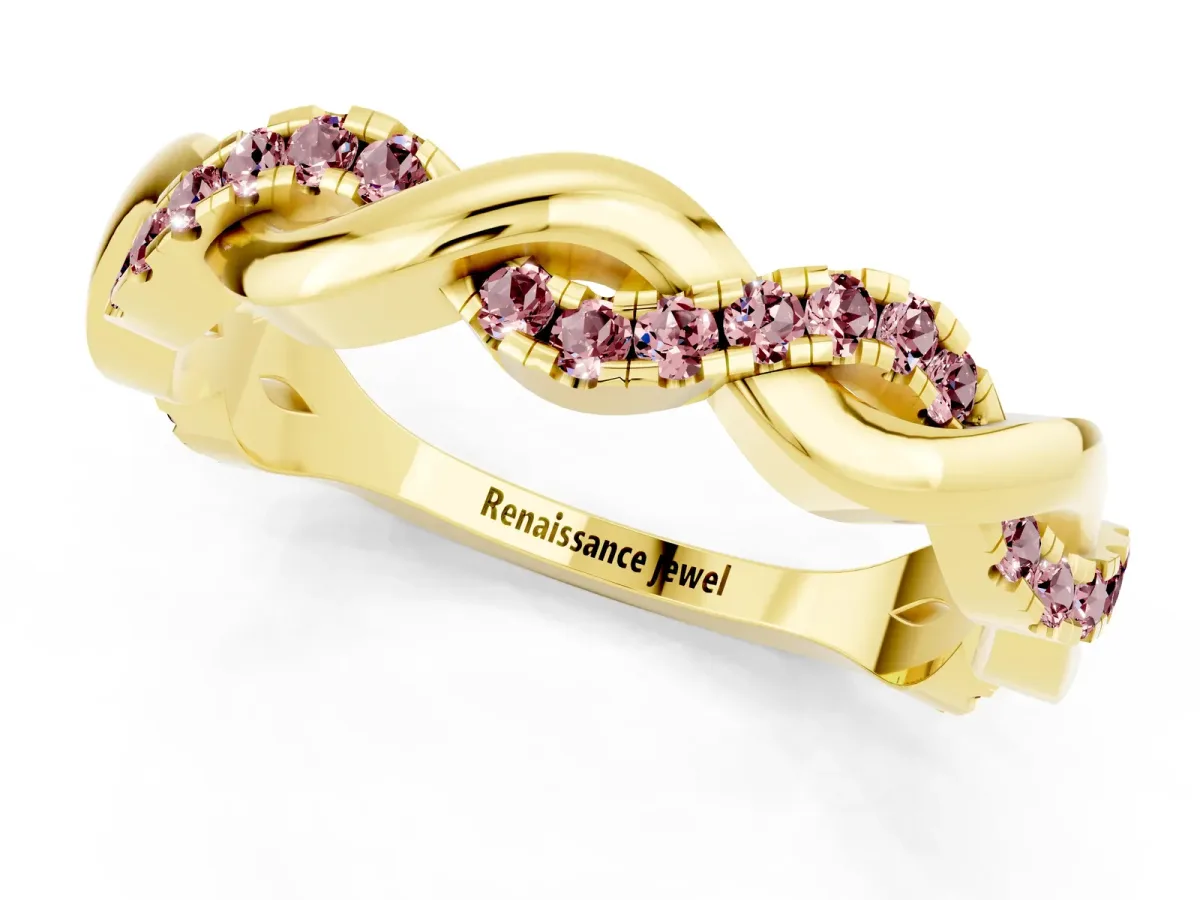 Pavé Round Morganite Twist Eternity Band with Shared Prong Setting Yellow gold