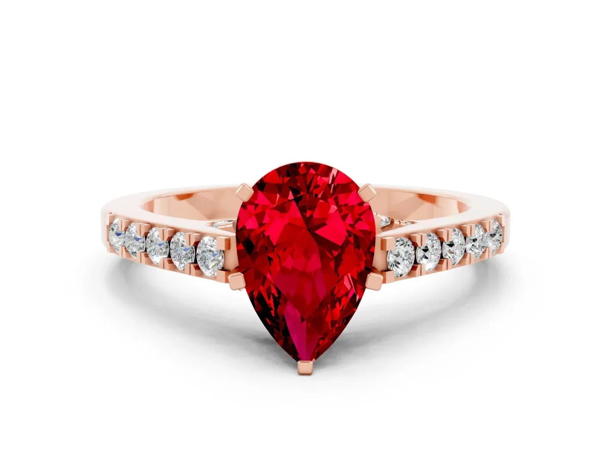 Pear Cut Ruby Solitaire Ring with Crossover Gallery and Round Pavé Band Rose gold