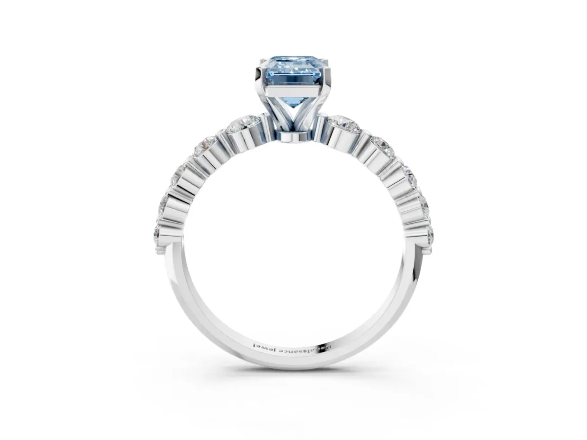 Fancy Blue Emerald Cut Solitaire Diamond Ring with Pave Band and Four-Prong Setting Platinum