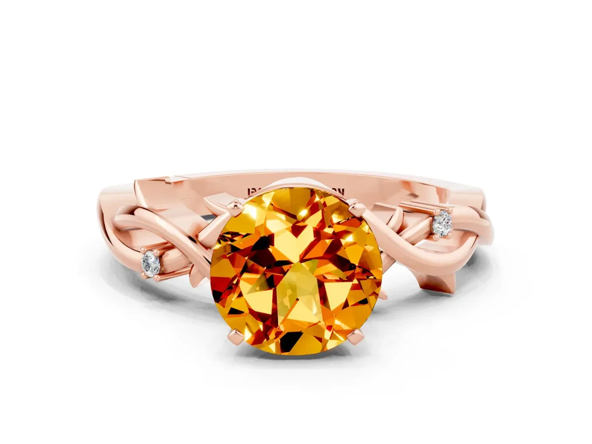 Round Cut Citrine Solitaire Ring with Twisted Band and Prong Setting Rose gold