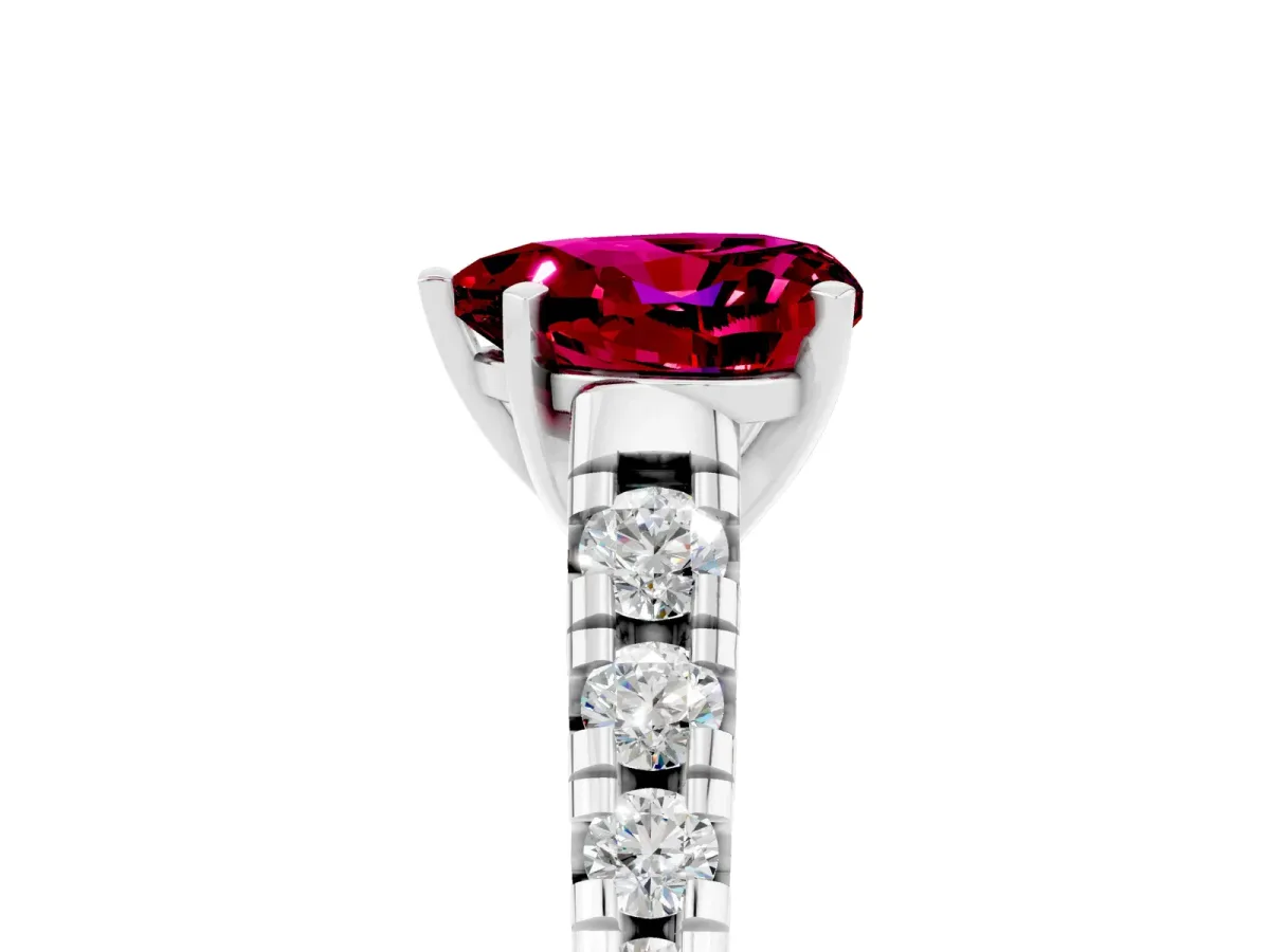 Heart Cut Garnet Cathedral Solitaire Ring with Round Pavé Band Silver