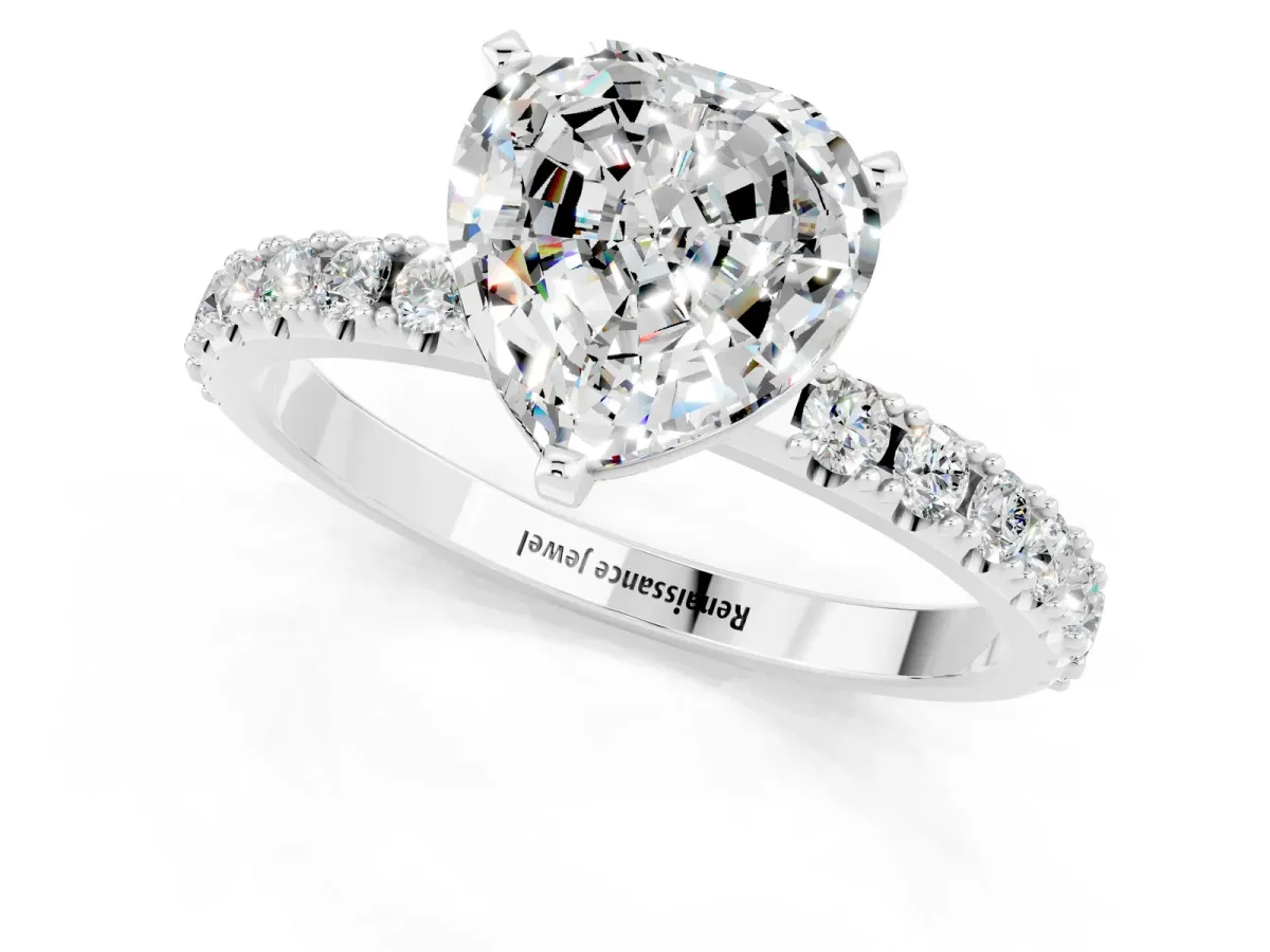 Heart Cut Moissanite Solitaire Pavé Band with Four-Prong Setting Silver