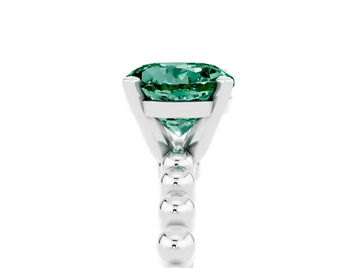 Round Cut Green Sapphire Solitaire Ring with Beaded Band and Prong Setting Silver