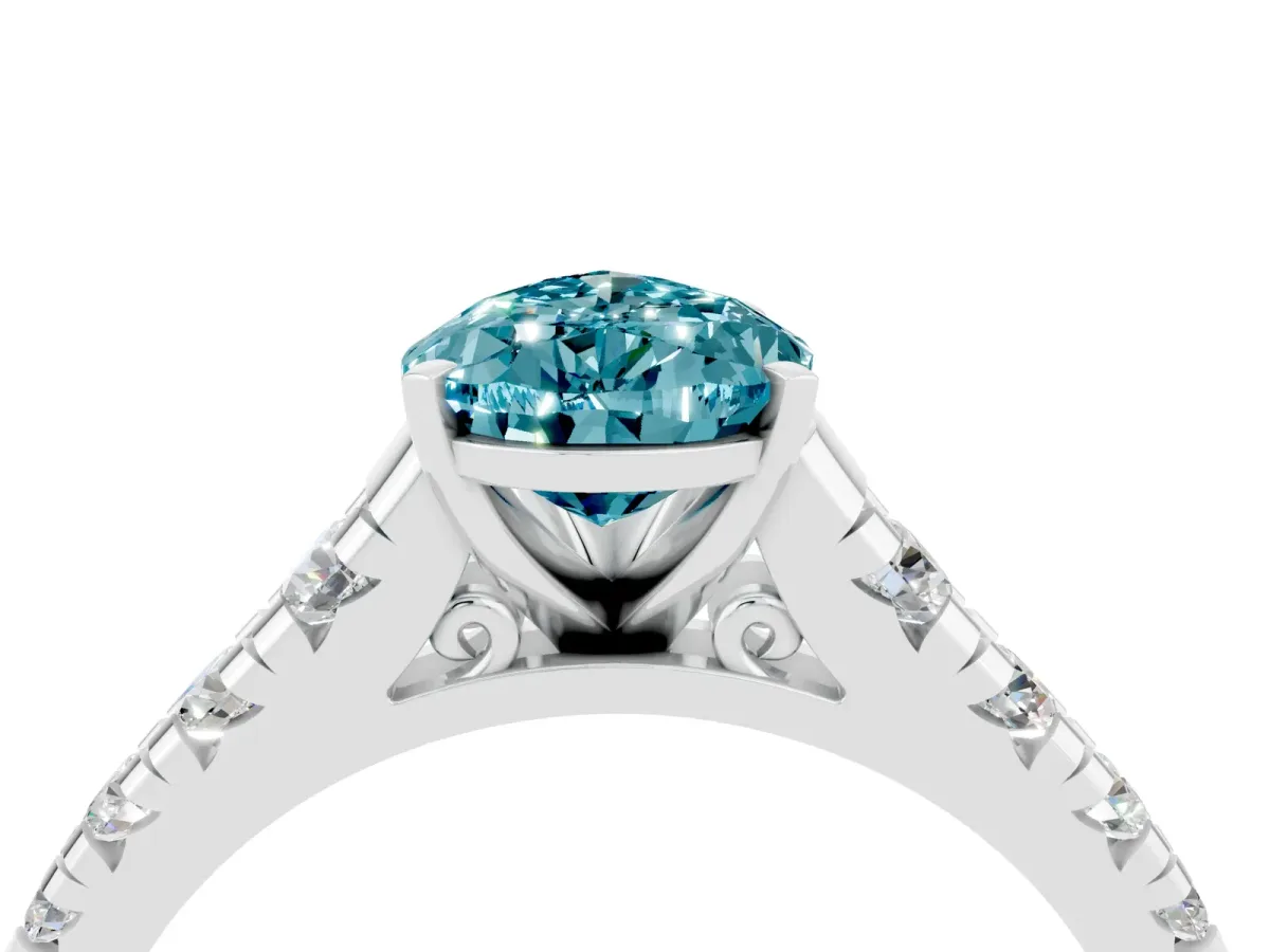 Pear Cut Blue Topaz Cathedral Solitaire Ring with Round Pavé Band Silver
