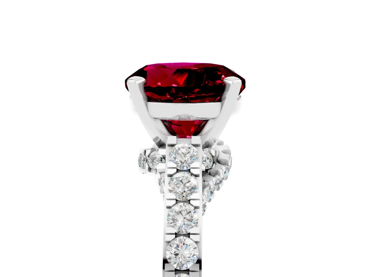 Round Cut Garnet Solitaire Ring with Crossover Gallery and Round Pavé Band Silver