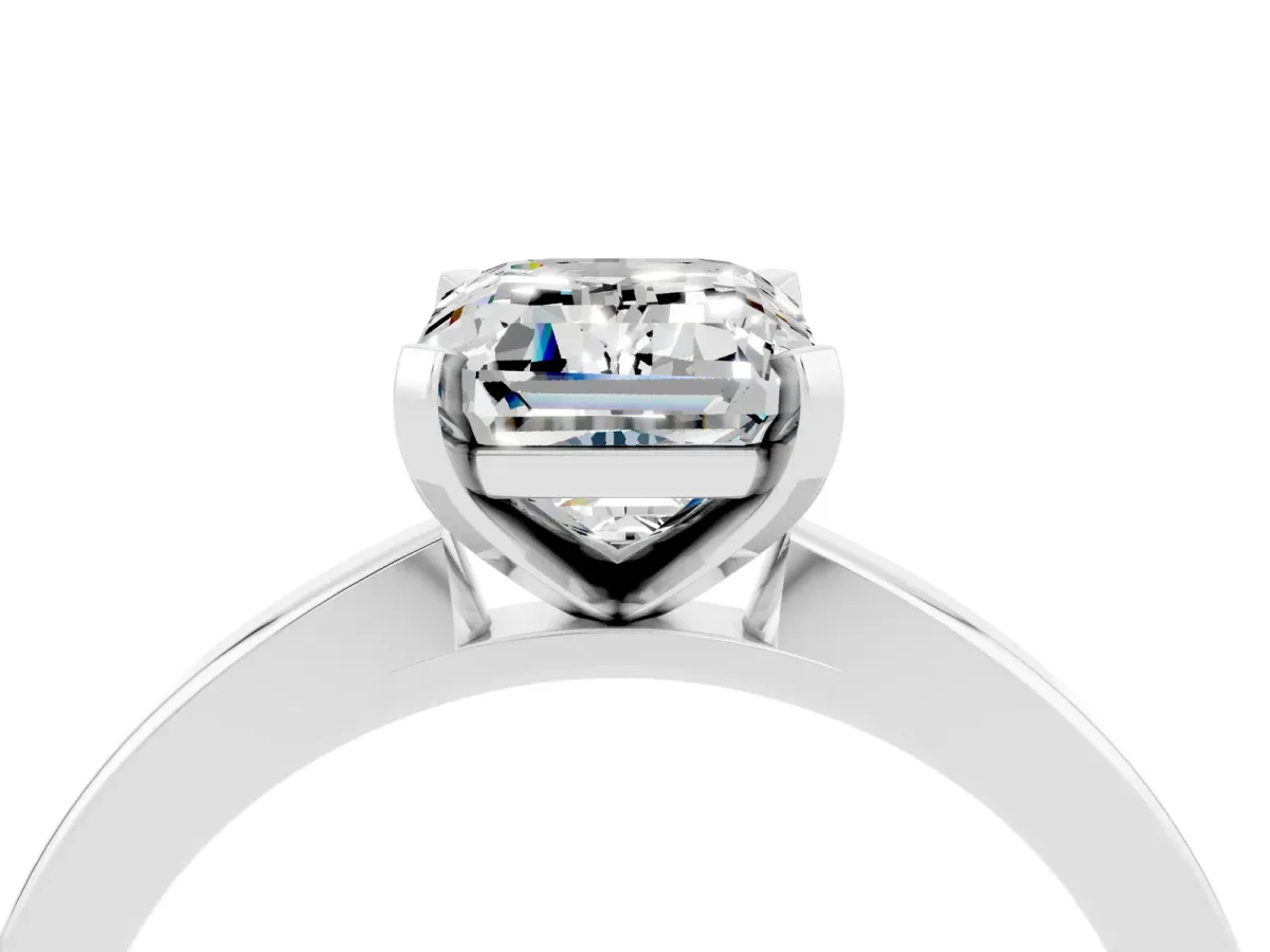 Emerald Cut Moissanite Solitaire Engagement Ring with Classic Band and Four-Prong Setting Silver