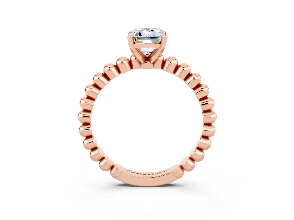 Emerald Cut Moissanite Solitaire Ring with Beaded Band and Prong Setting Rose gold