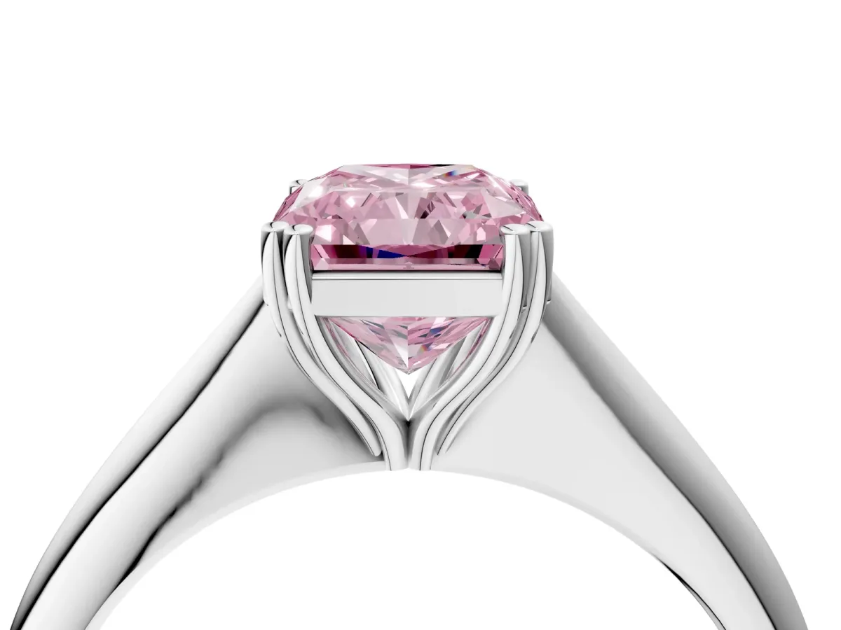 Fancy Pink Radiant Cut Solitaire Diamond Ring with Six-Prong Setting and Classic Band Platinum