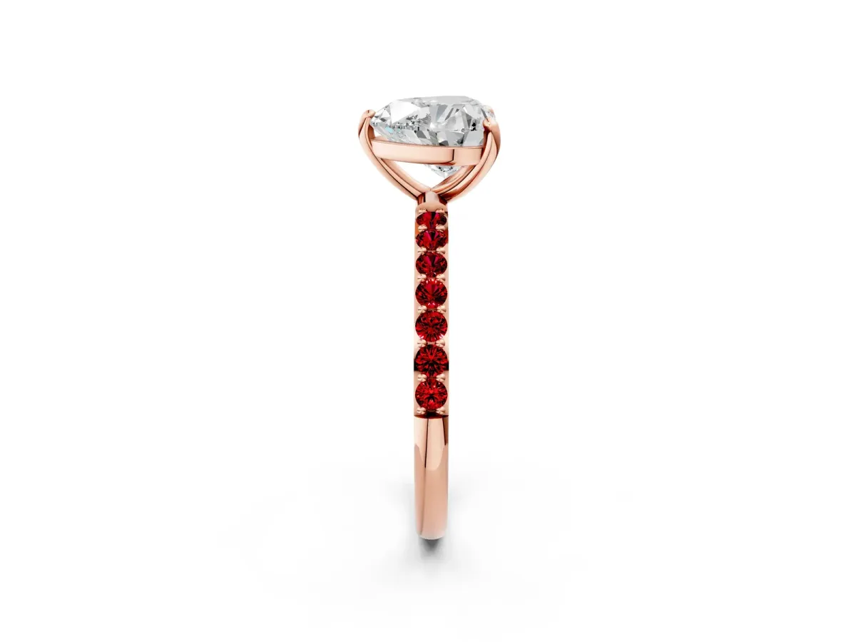 Heart Cut Diamond Solitaire Ring with Round Ruby Pavé Band and Prong Setting Rose gold