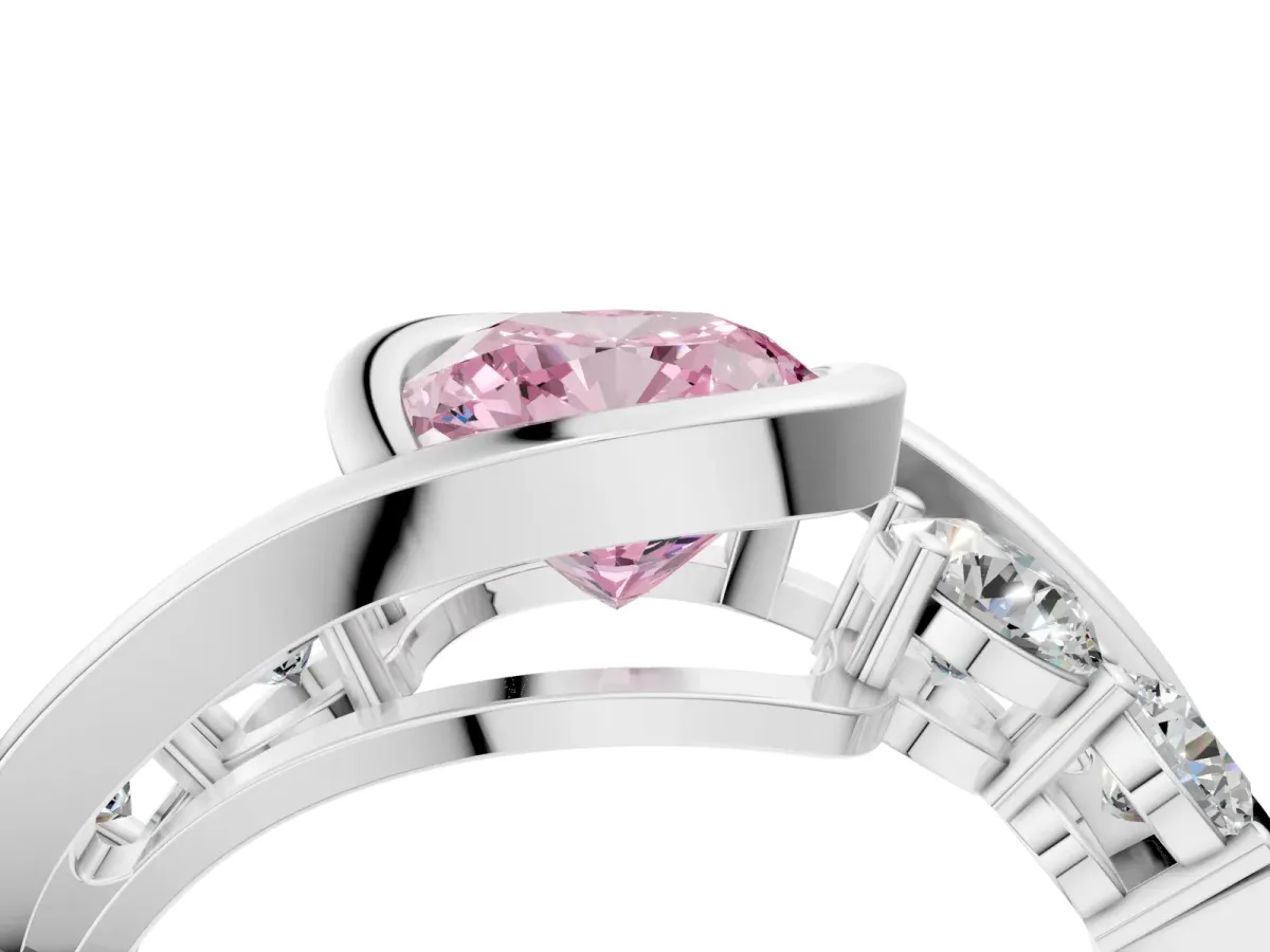Fancy Pink Bezel Set Cushion Cut Diamond Bypass Ring with Round Accents Silver