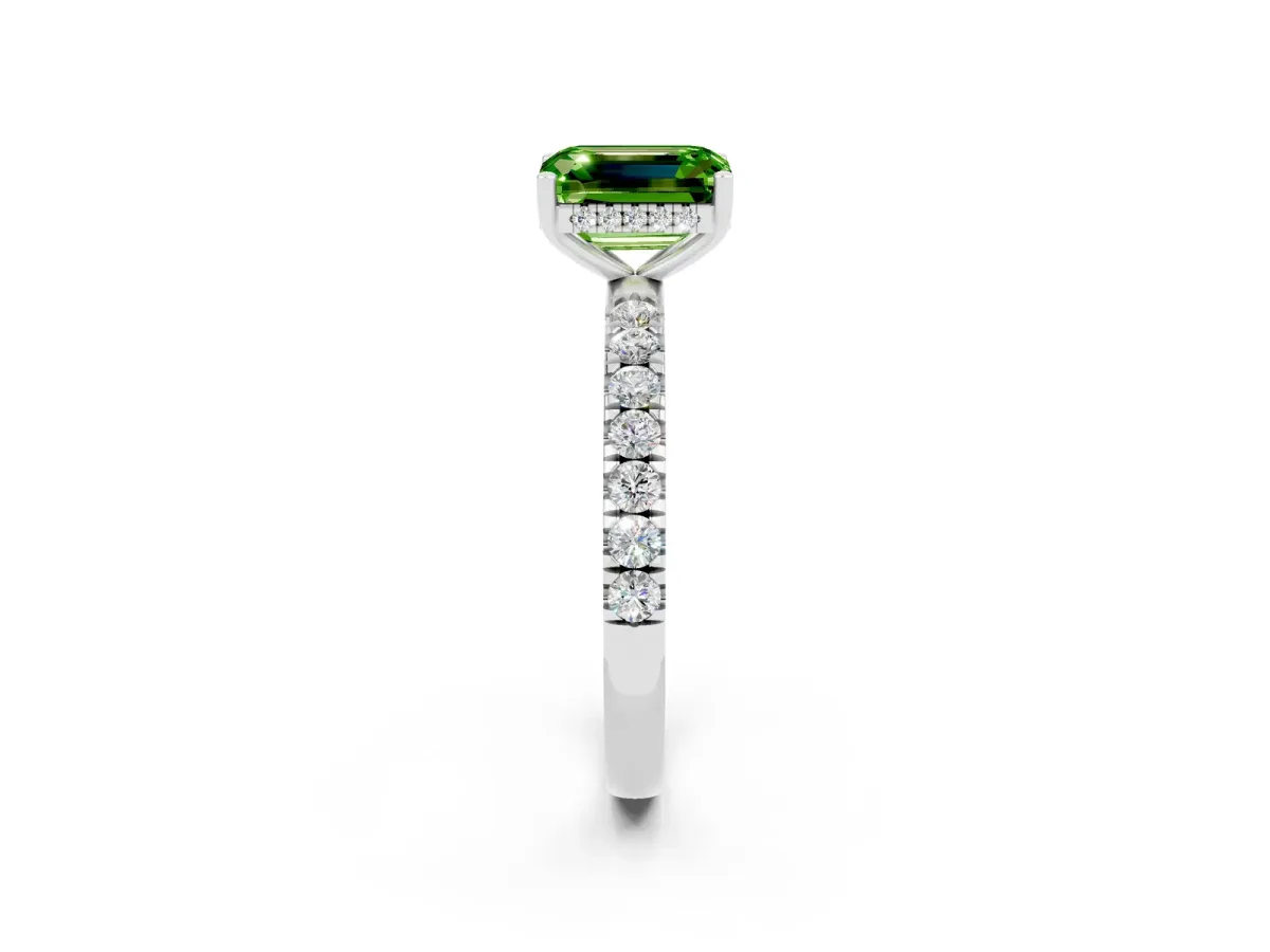 Emerald Cut Peridot Pave Band Solitaire Ring with Round and Prong Setting Platinum