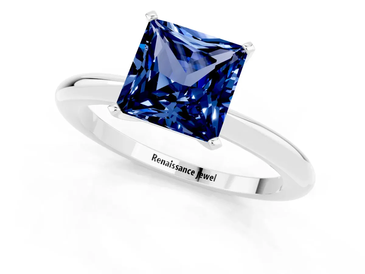 Princess Cut Blue Sapphire Solitaire Ring with Six-Prong Setting and Classic Band Silver