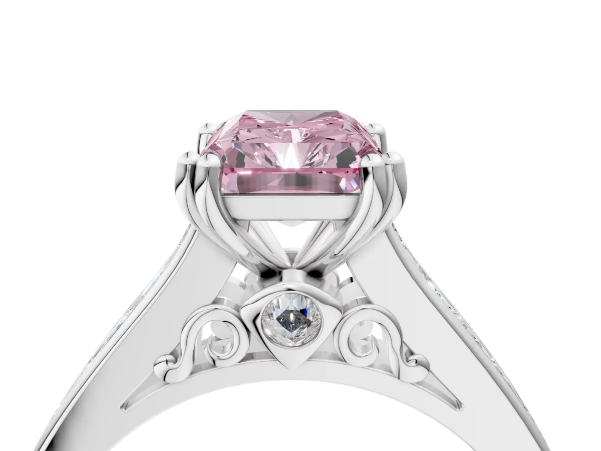 Fancy Pink Radiant Cut Cut Channel Set Solitaire Engagement Ring with Prong Setting Platinum
