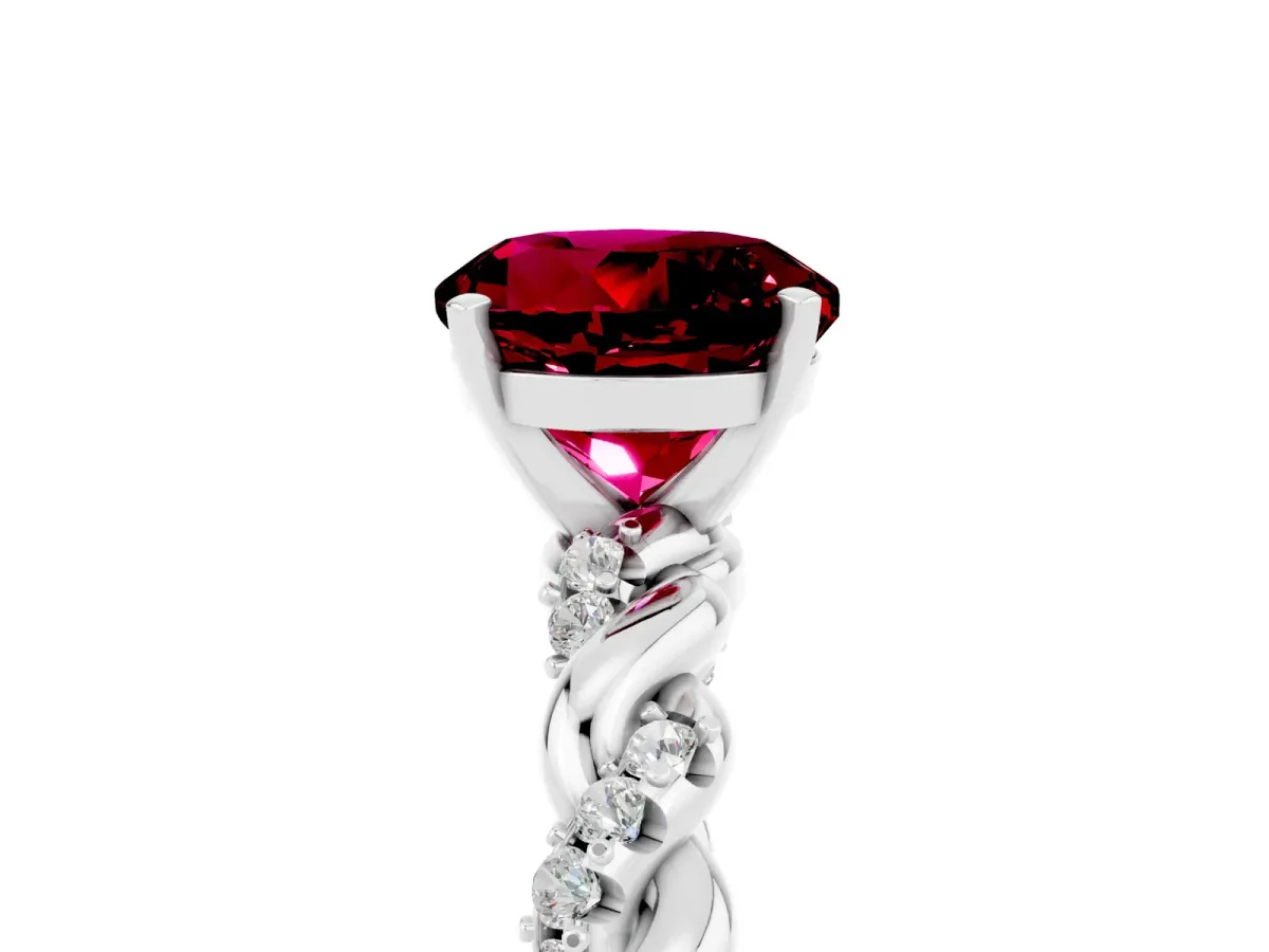 Round Cut Garnet Solitaire Ring with Twisted Band and Pavé Accents Silver