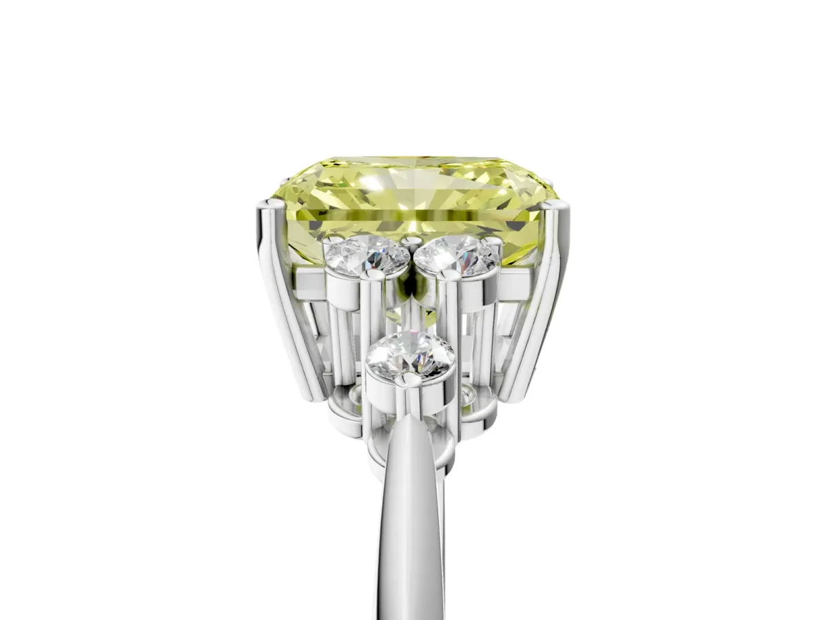 Fancy Yellow Radiant Cut Cut Diamond Cluster Ring with Solitaire Band and Four-Prong Setting Platinum