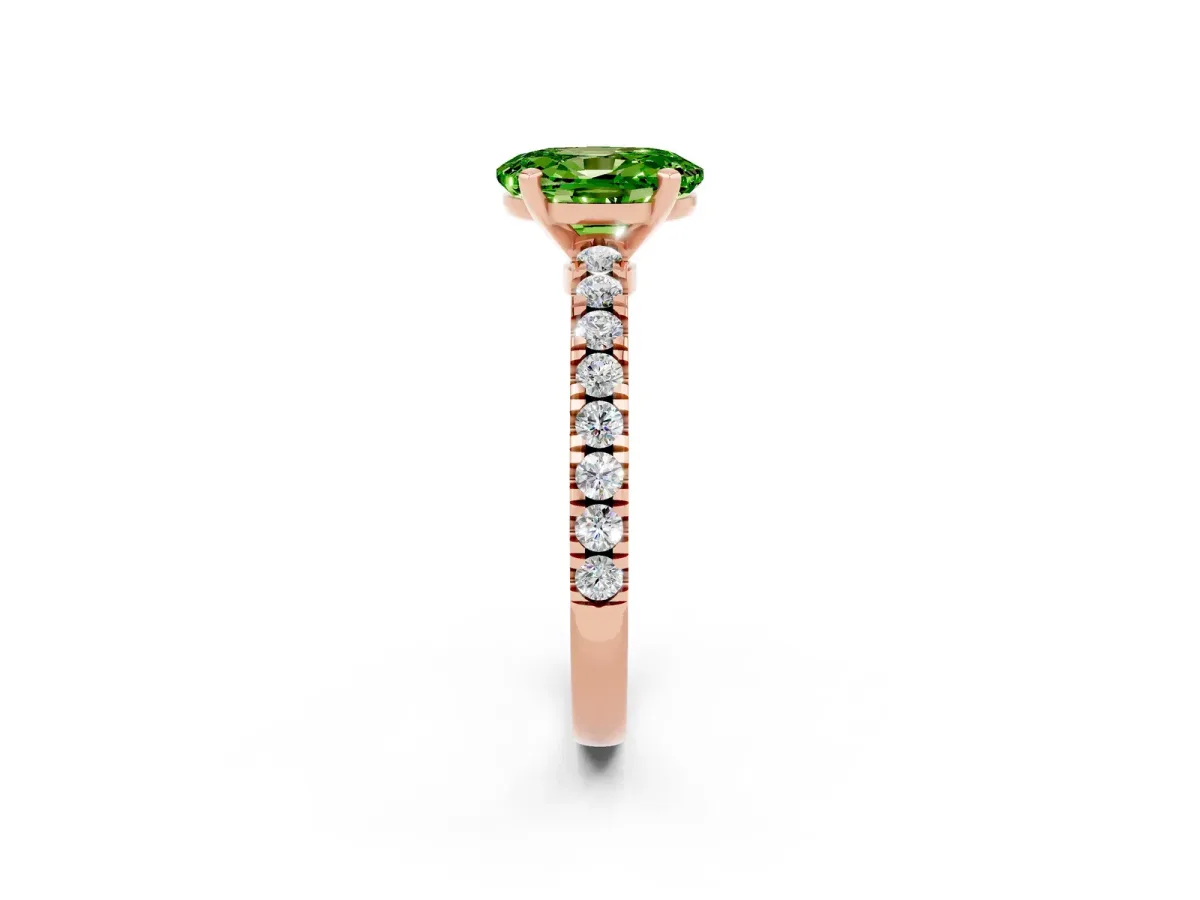 Oval Cut Solitaire Peridot with Pavé Band and Four-Prong Setting Rose gold