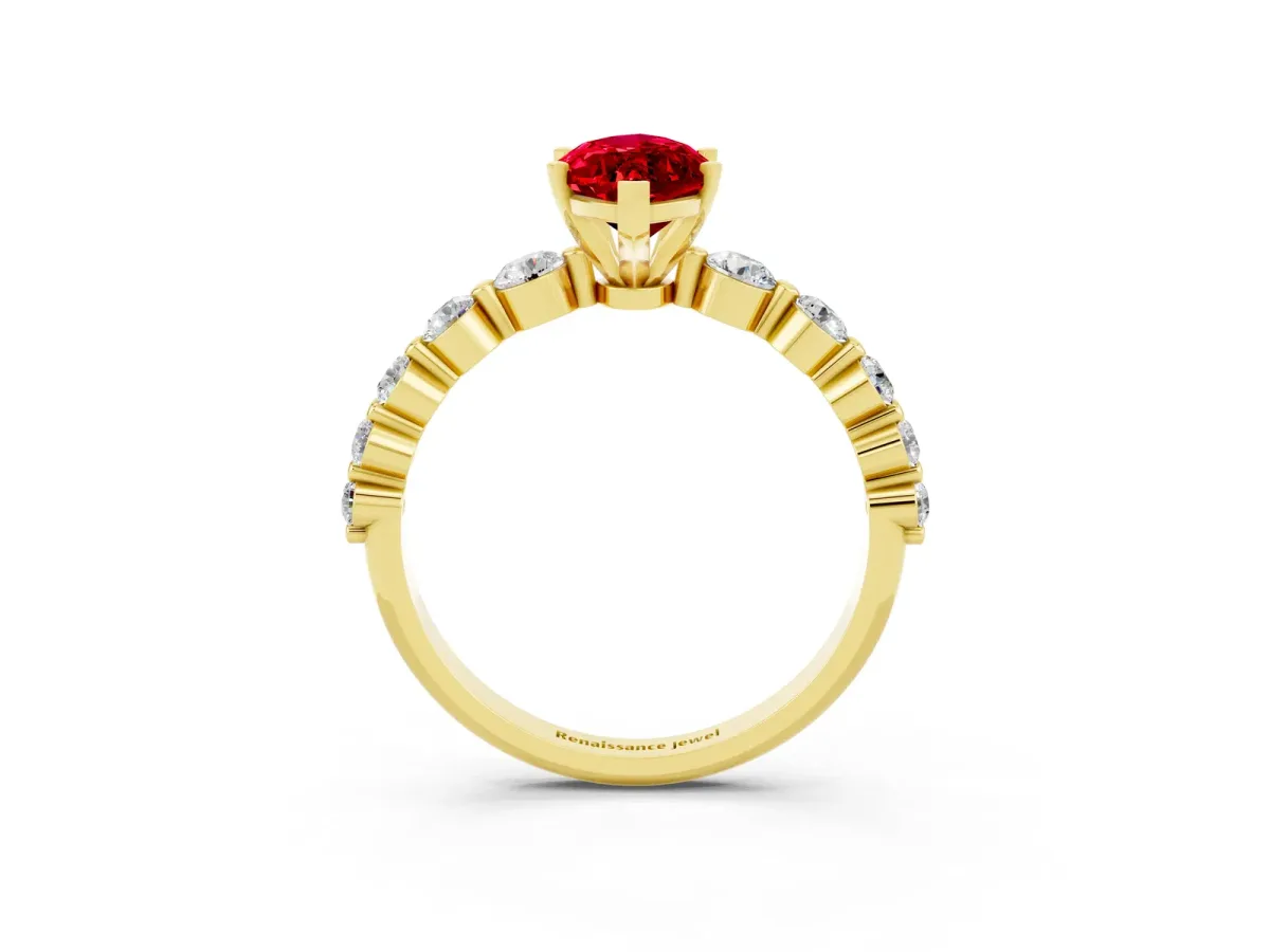 Marquise Cut Solitaire Ruby Ring with Pave Band and Four-Prong Setting Yellow gold