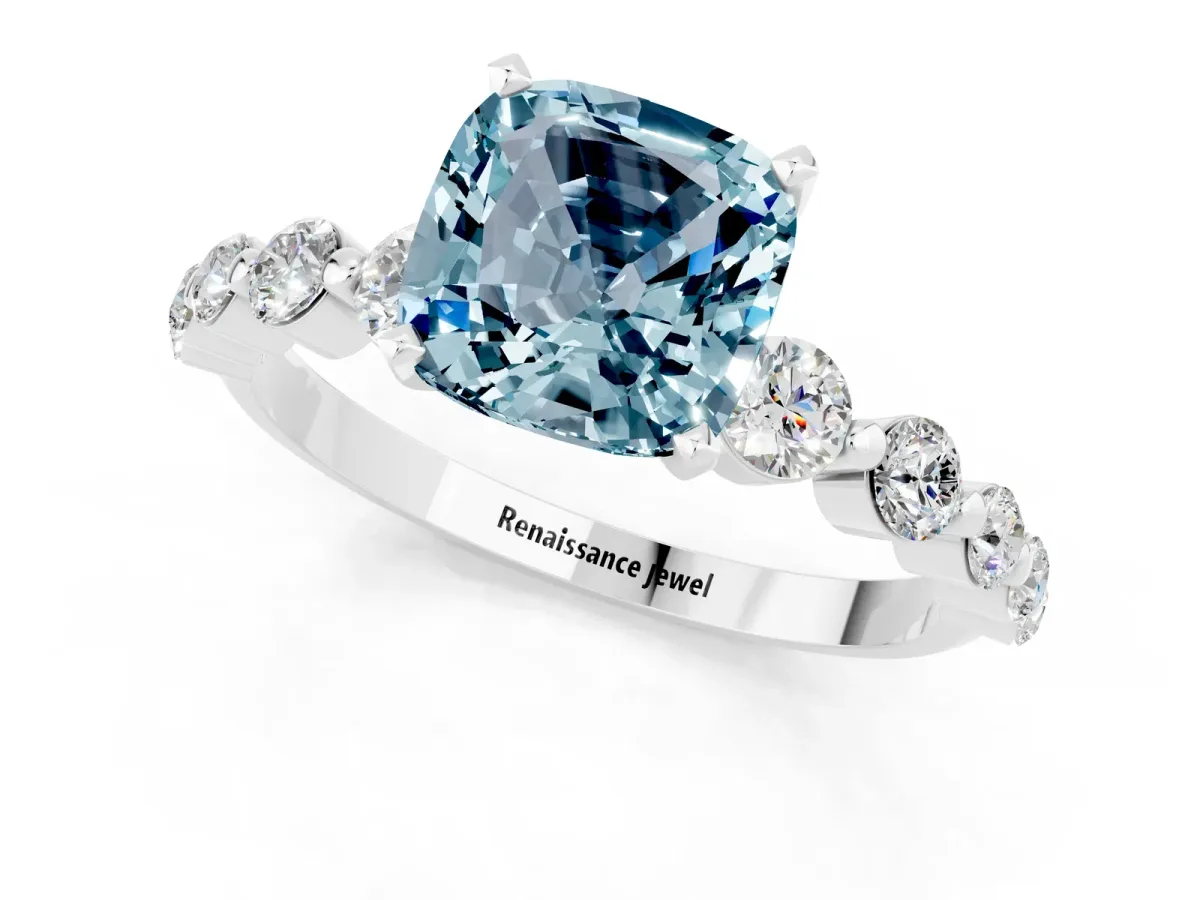 Cushion Cut Solitaire Aquamarine Ring with Pave Band and Four-Prong Setting Silver
