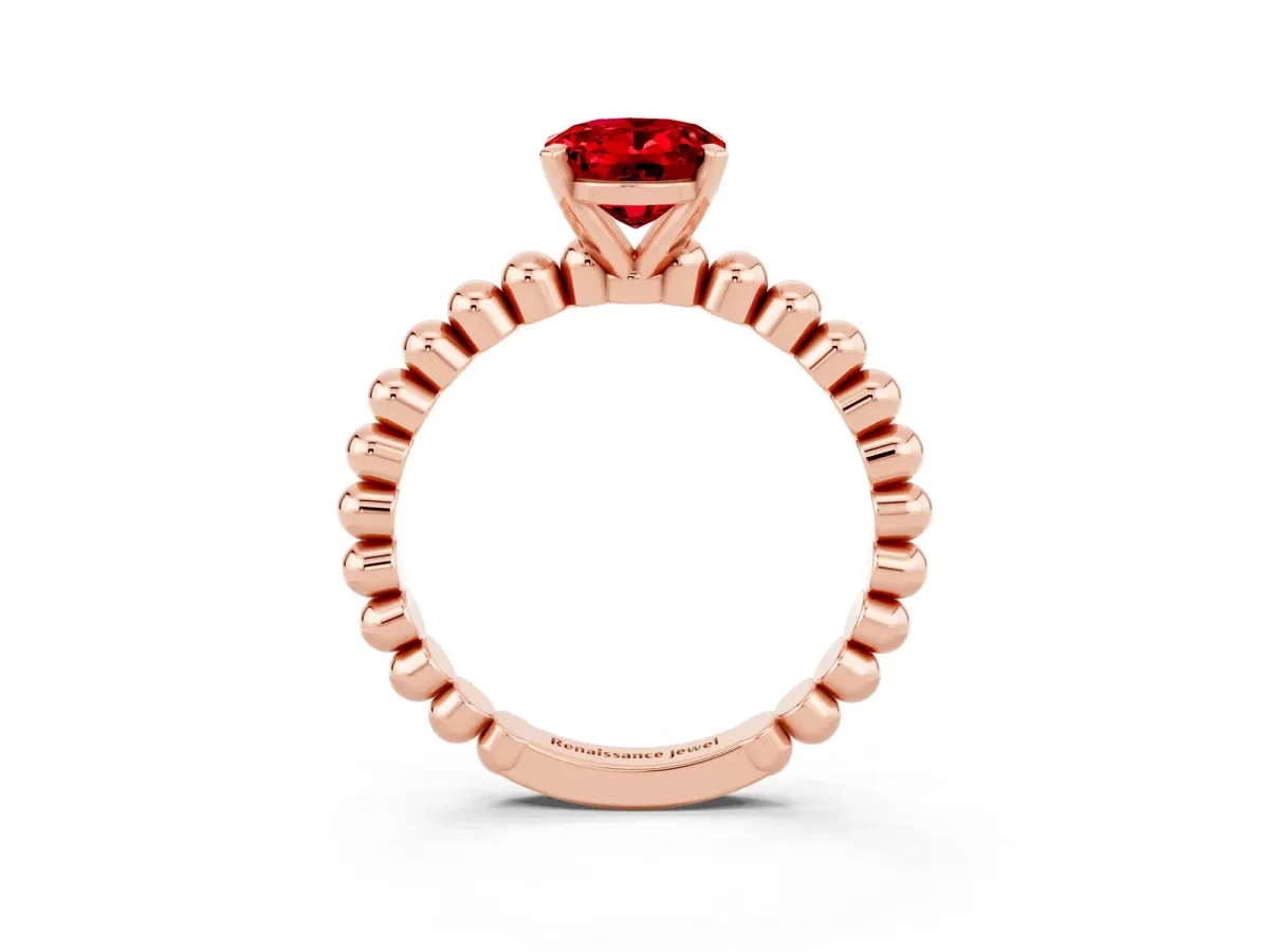 Oval Cut Ruby Solitaire Ring with Beaded Band and Prong Setting Rose gold