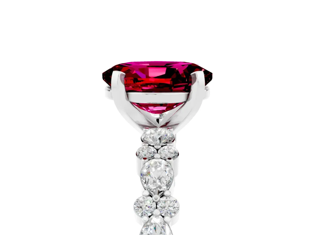 Oval Cut Garnet Side Stone Solitaire Ring with Round and Four-Prong Setting Platinum