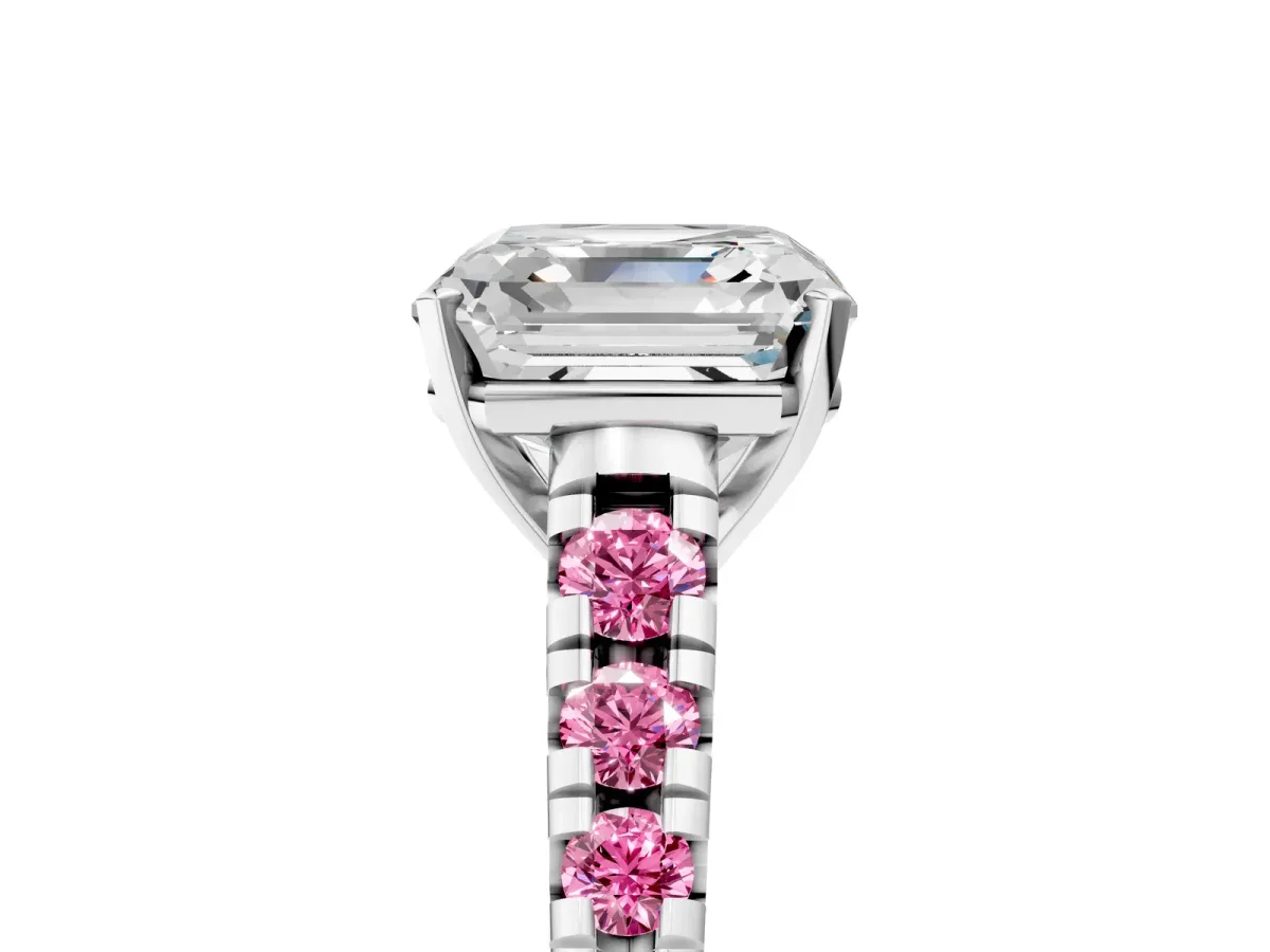 Asscher Cut Diamond Cathedral Solitaire Ring with Round Pink Sapphire Pavé Band Silver