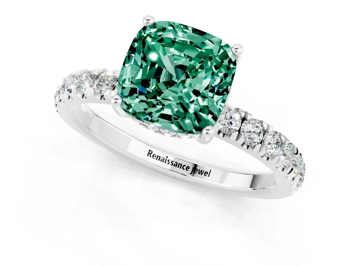 Cushion Cut Green Sapphire Pave Band Solitaire Ring with Round and Prong Setting Silver
