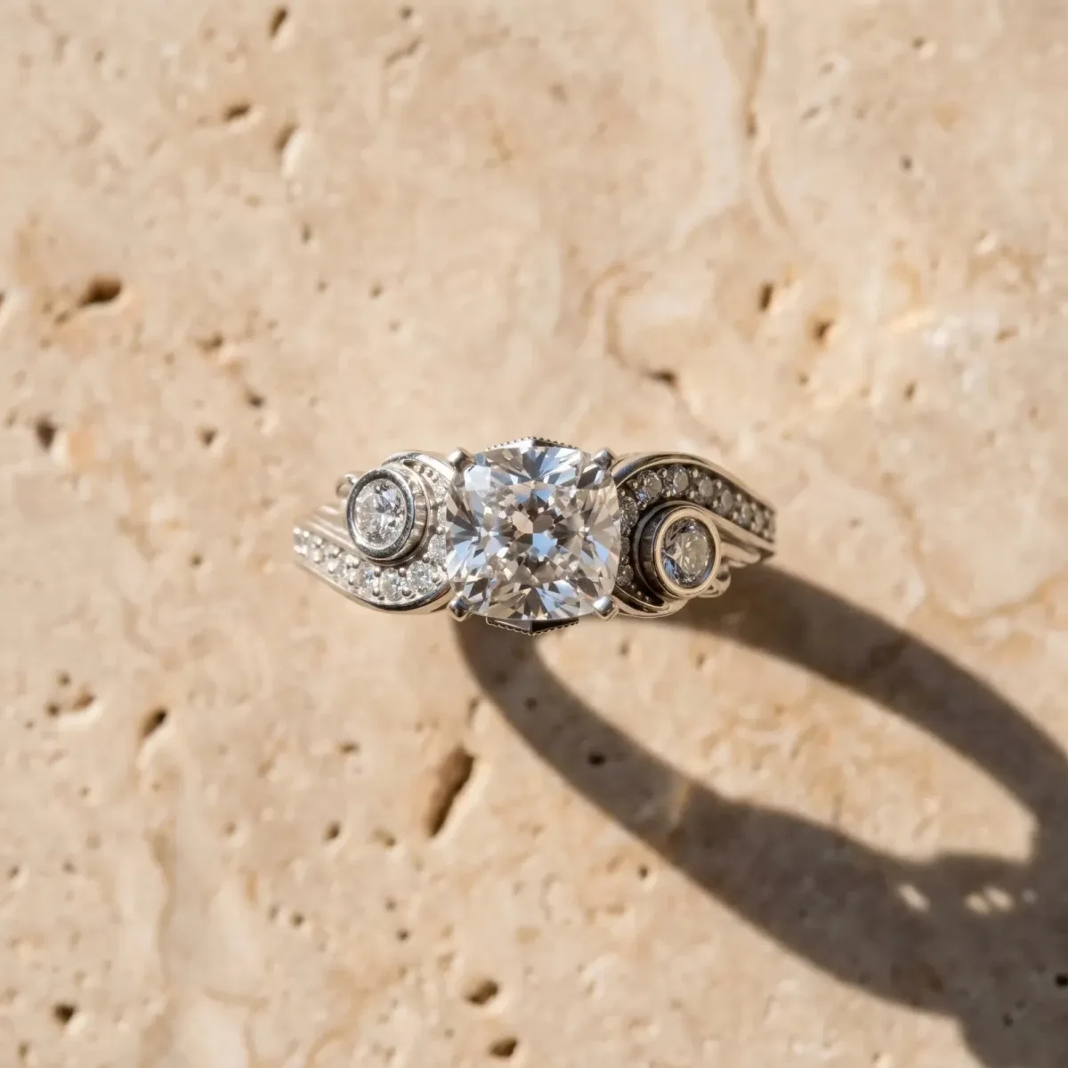 Cushion Cut Diamond Solitaire Ring with Milgrain Pavé Band and Four-Prong Setting Silver