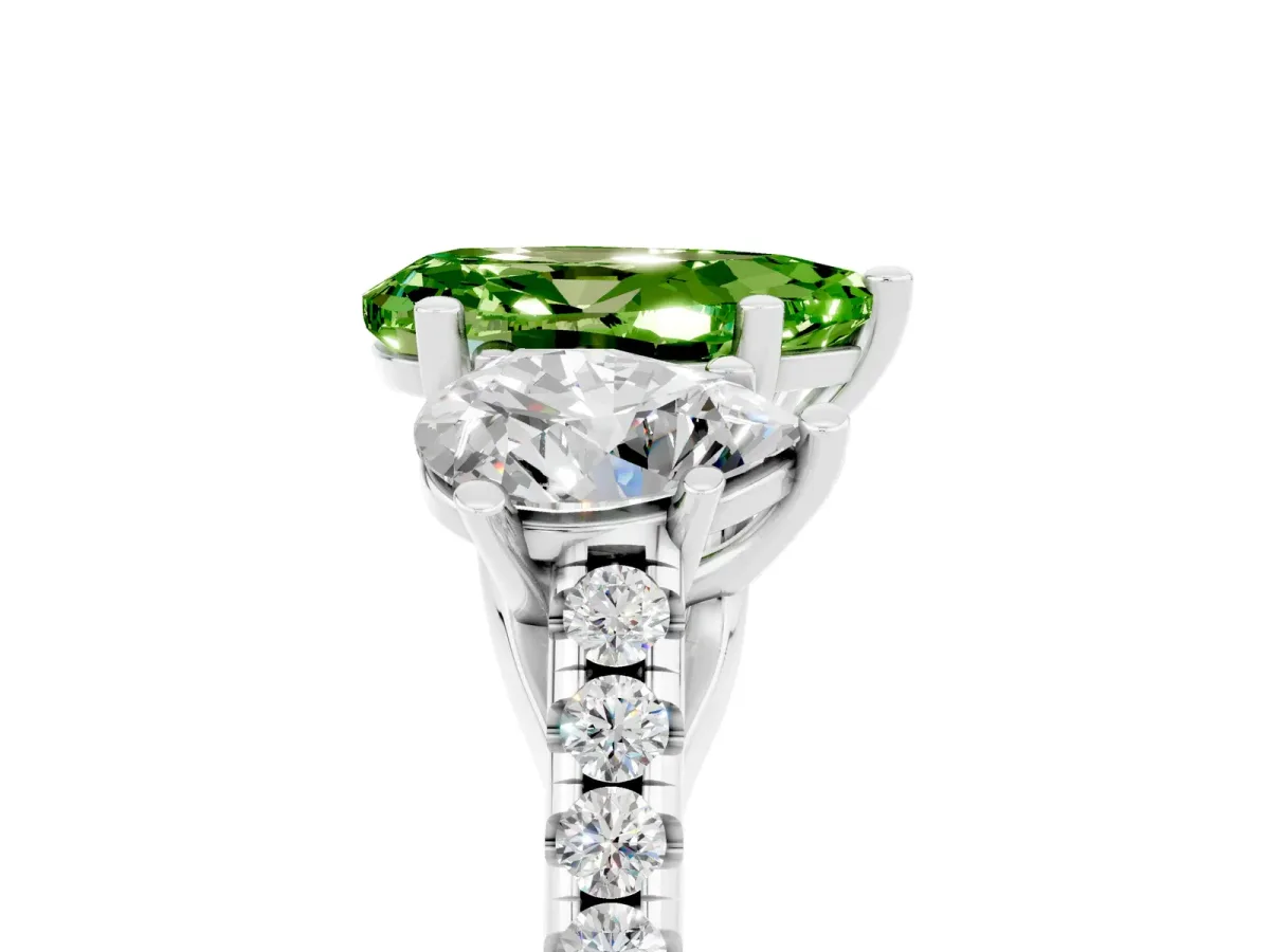 Three-Stone Pear Cut Peridot Ring with Round Pavé Band and Prong Setting Silver