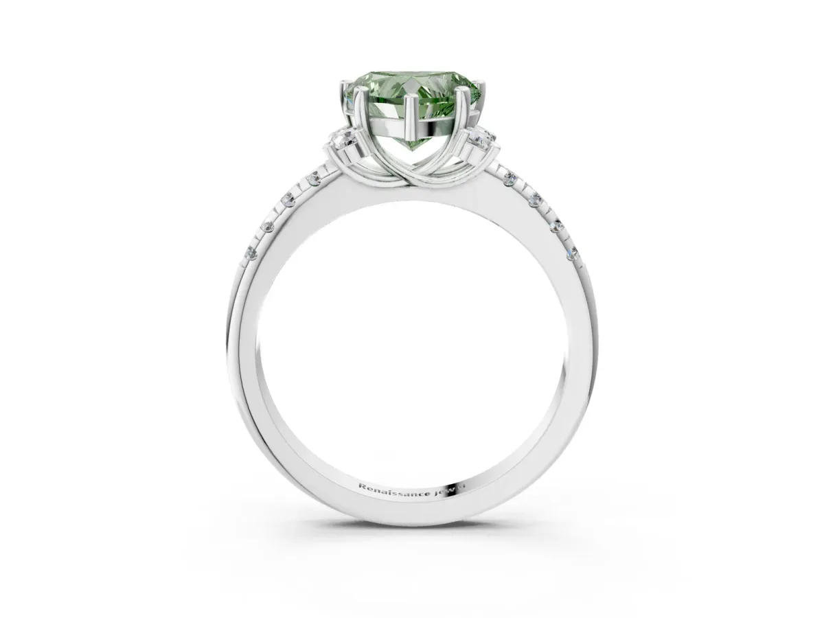 Fancy Green Heart Cut Diamond Three-Stone Pave Band with Four-Prong Setting Platinum