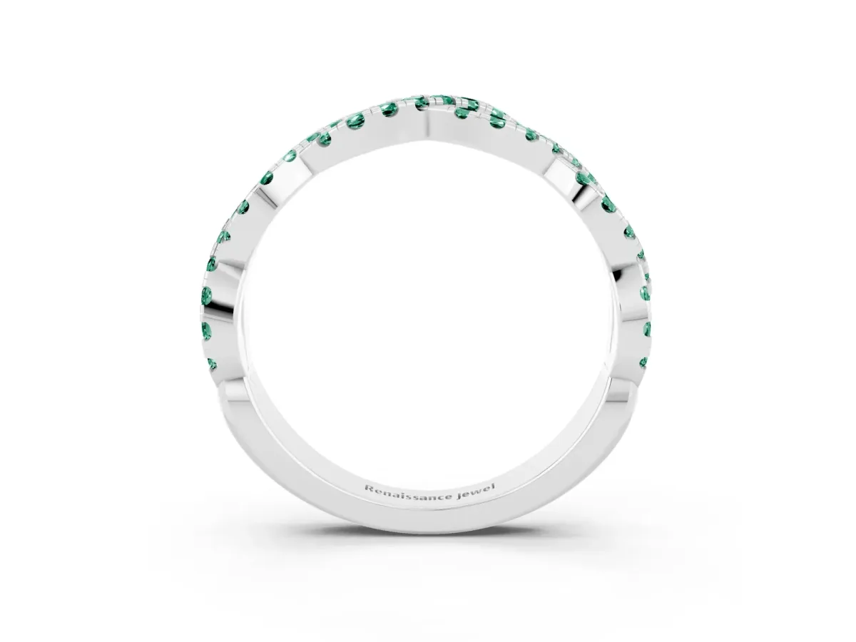 Round Green Sapphire Twisted Eternity Band with Pavé and Shared Prong Setting Platinum