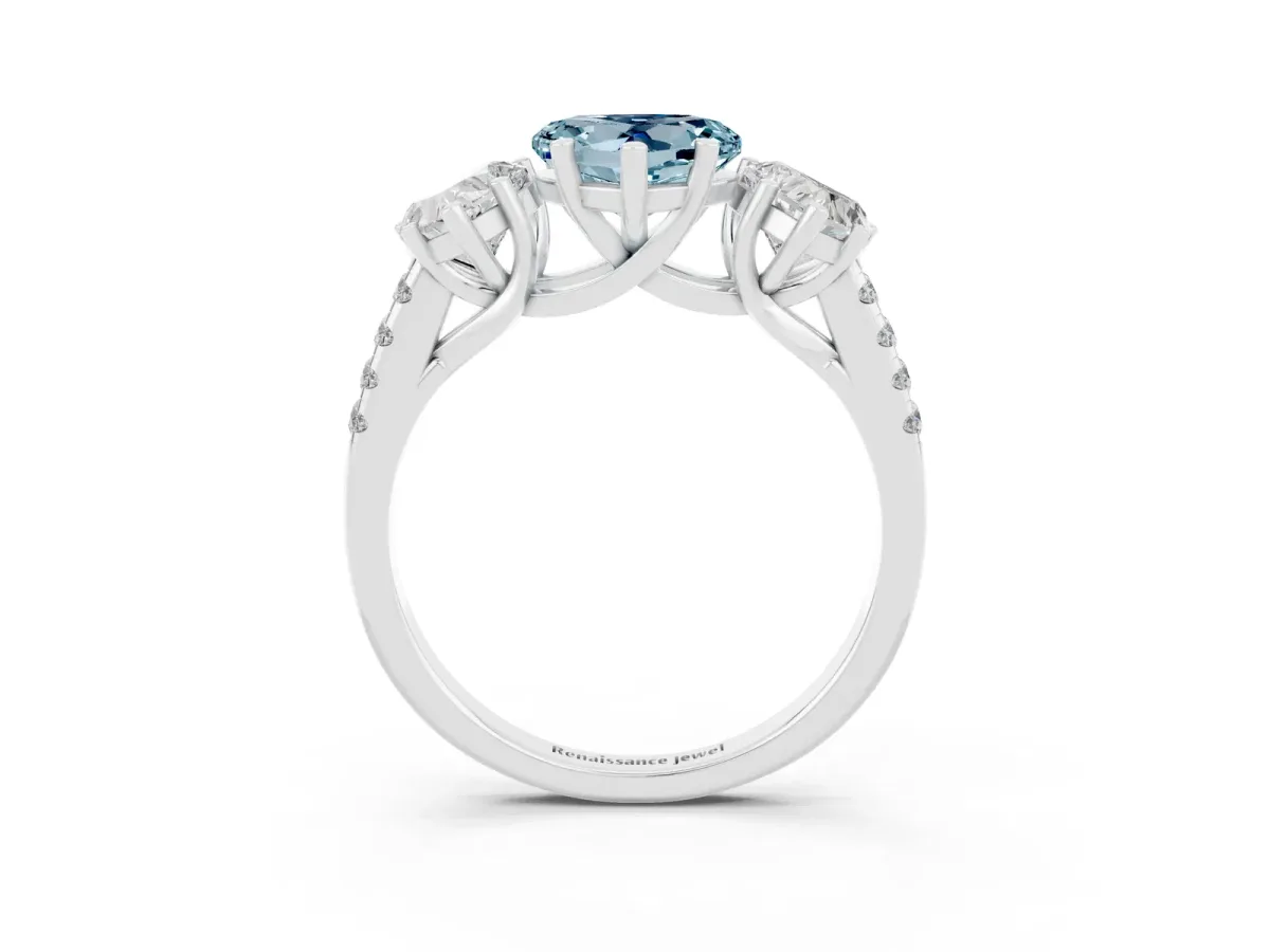 Three-Stone Heart Cut Aquamarine Ring with Round Pavé Band and Prong Setting Silver