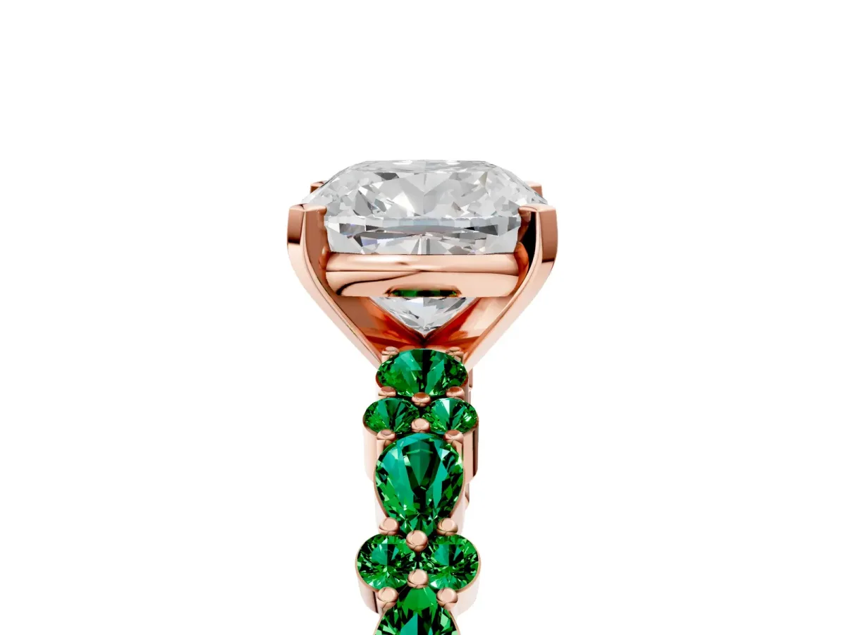 Cushion Cut Diamond Side Stone Solitaire Ring with Round Emerald and Four-Prong Setting Rose gold