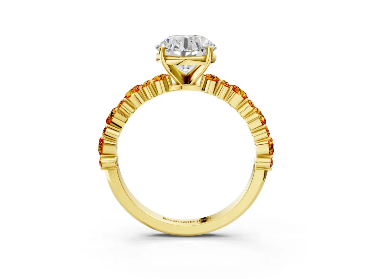 Round Cut Diamond Side Stone Solitaire Ring with Round Citrine and Four-Prong Setting Yellow gold