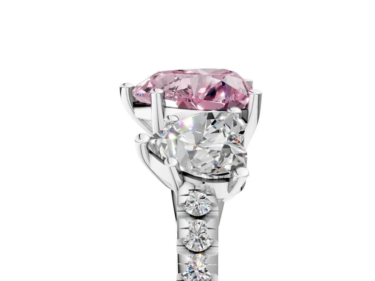 Fancy Pink Three-Stone Heart Cut Diamond Ring with Round Pavé Band and Prong Setting Silver