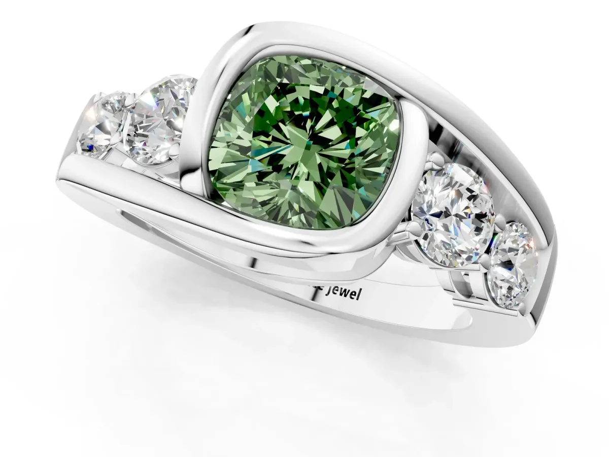 Fancy Green Bezel Set Cushion Cut Diamond Bypass Ring with Round Accents Platinum