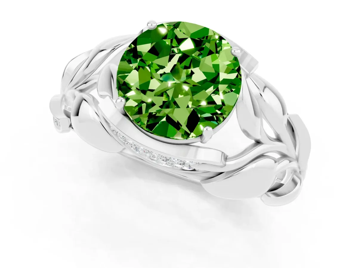 Round Cut Peridot Leaf-Inspired Engagement Ring with Round Accents and Prong Setting Silver