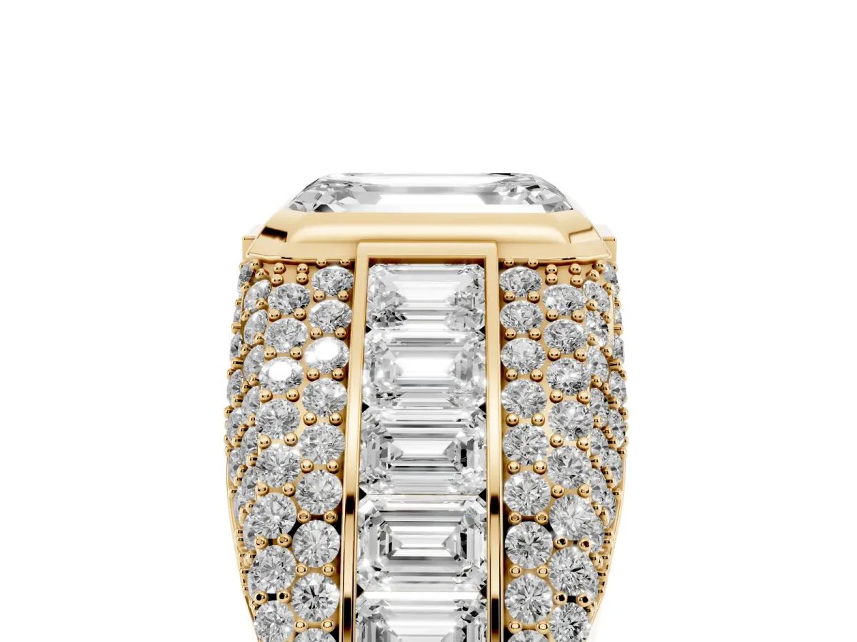 Emerald Cut Diamond Mens Ring with Side Stones Yellow gold