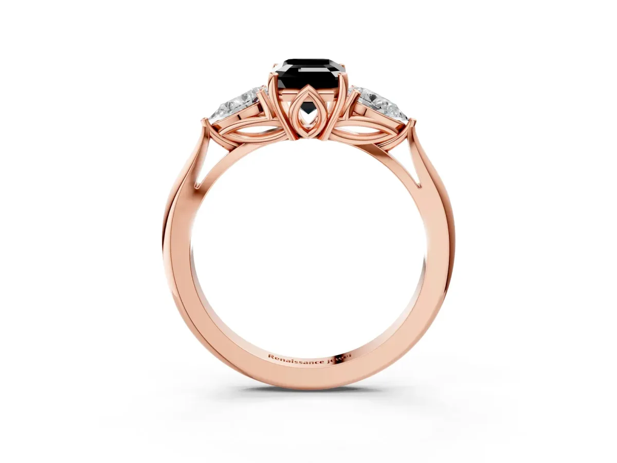Fancy Black Emerald Cut Diamond Three-Stone Ring with Pear Side Stones and Prong Setting Rose gold