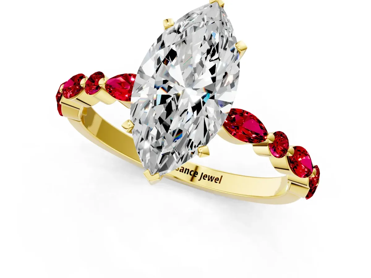 Marquise Cut Diamond Ring with Marquise and Round Ruby Side Stones and Four-Prong Setting Yellow gold