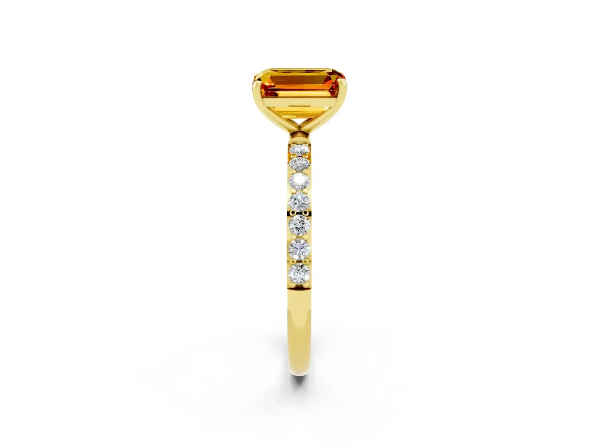Emerald Cut Citrine Solitaire Ring with Round Pavé Band and Prong Setting Yellow gold