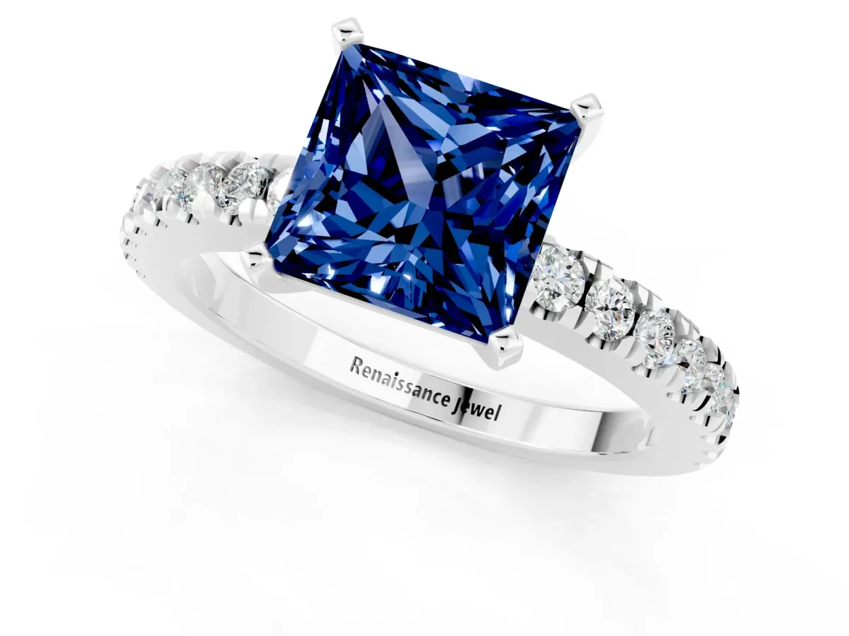 Princess Cut Solitaire Blue Sapphire with Pavé Band and Four-Prong Setting Silver
