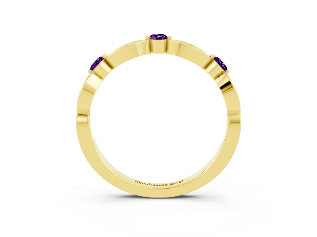 Marquise and Round Amethyst Milgrain Band with Bezel Setting Yellow gold