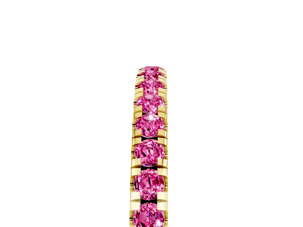 Pavé Round Pink Sapphire Half Eternity Band with Shared Prong Setting Yellow gold