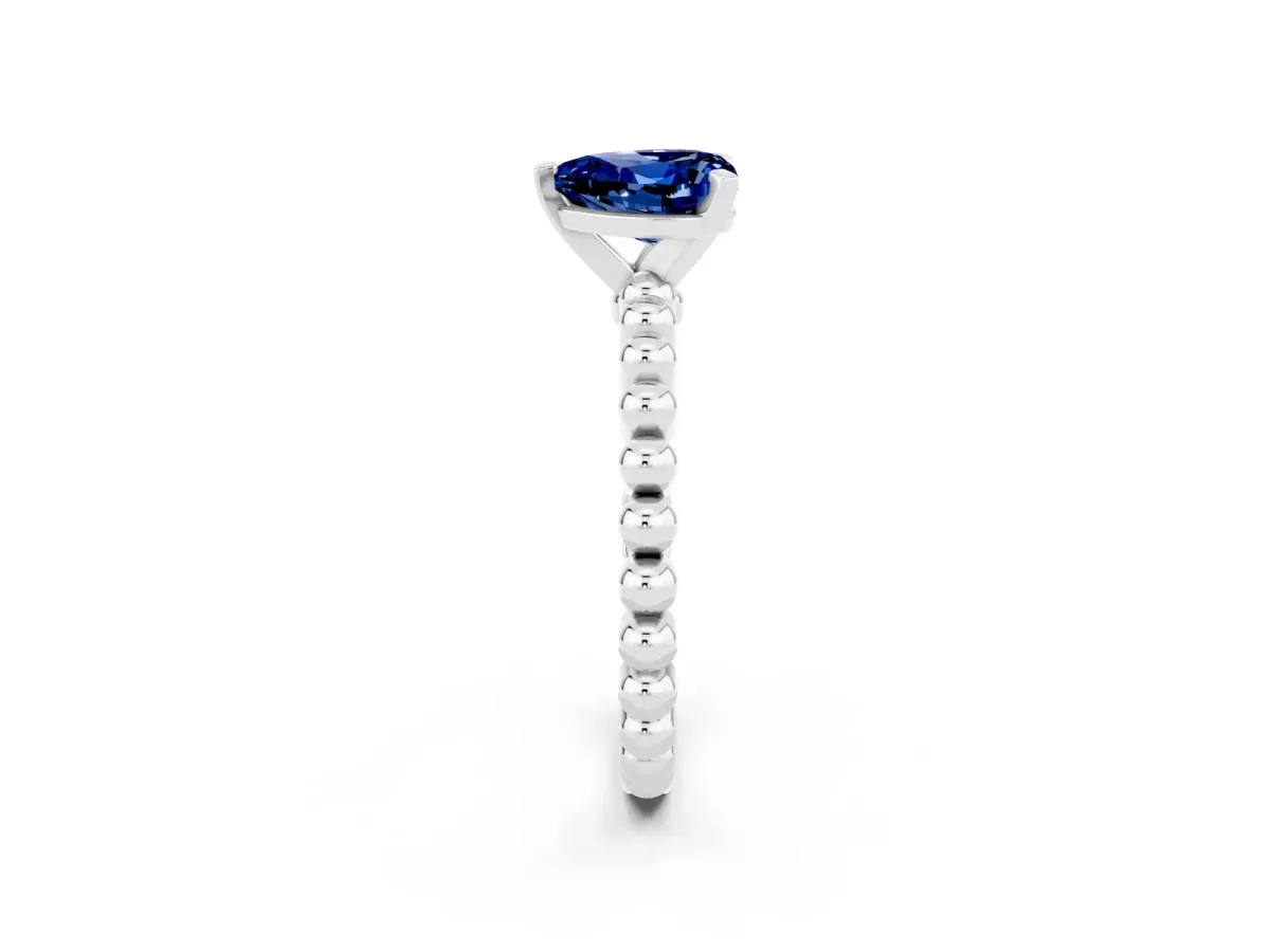 Heart Cut Blue Sapphire Solitaire Ring with Beaded Band and Prong Setting Silver
