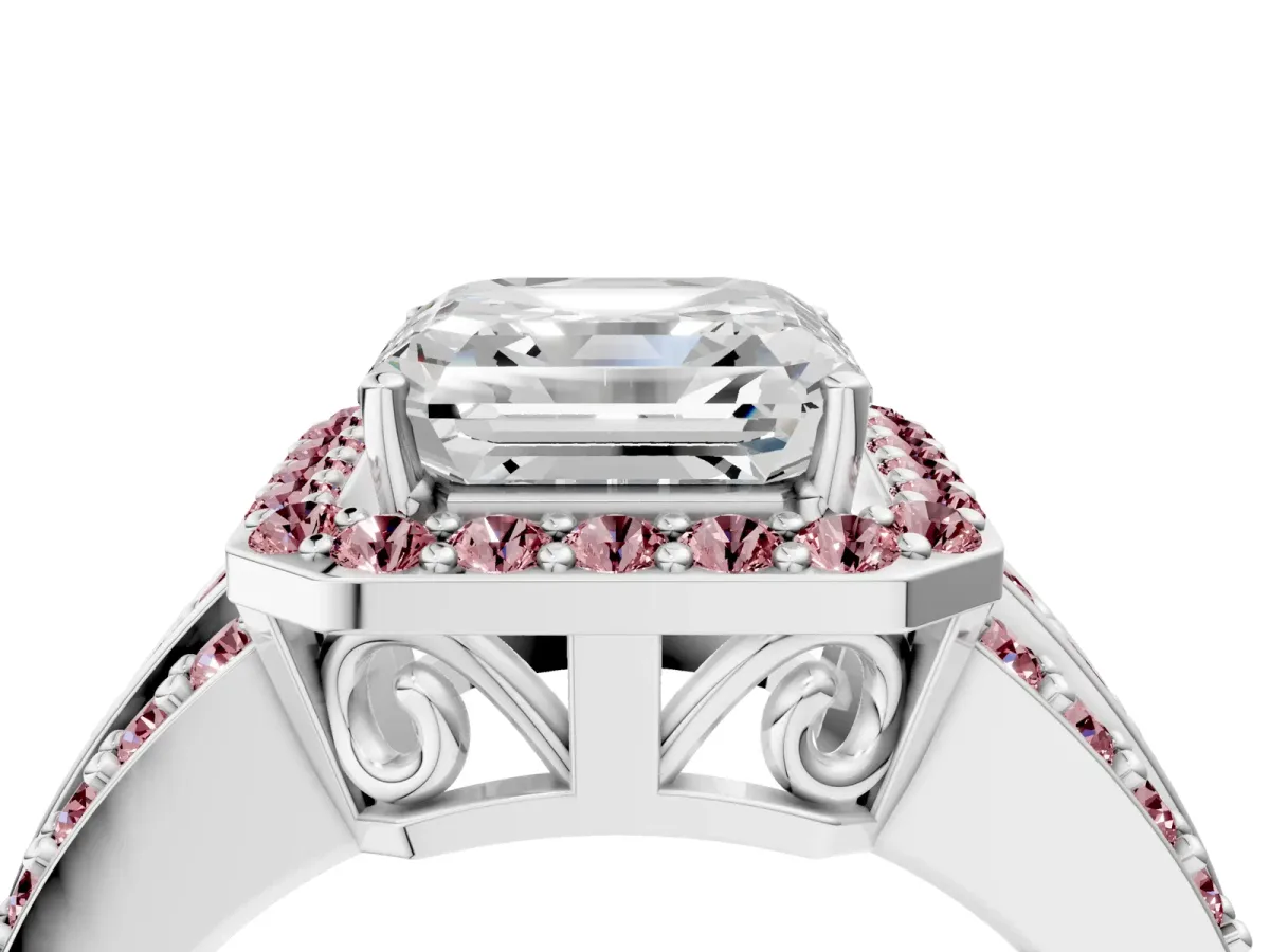 Asscher Cut Halo Diamond Ring with Round Morganite Split Shank and Prong Setting Platinum