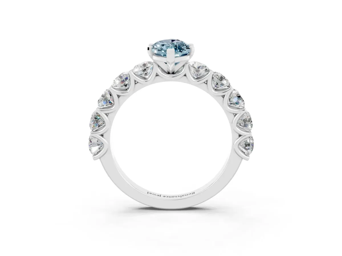 Marquise Cut Aquamarine Prong Setting with Side Stones on a Pave Band Silver