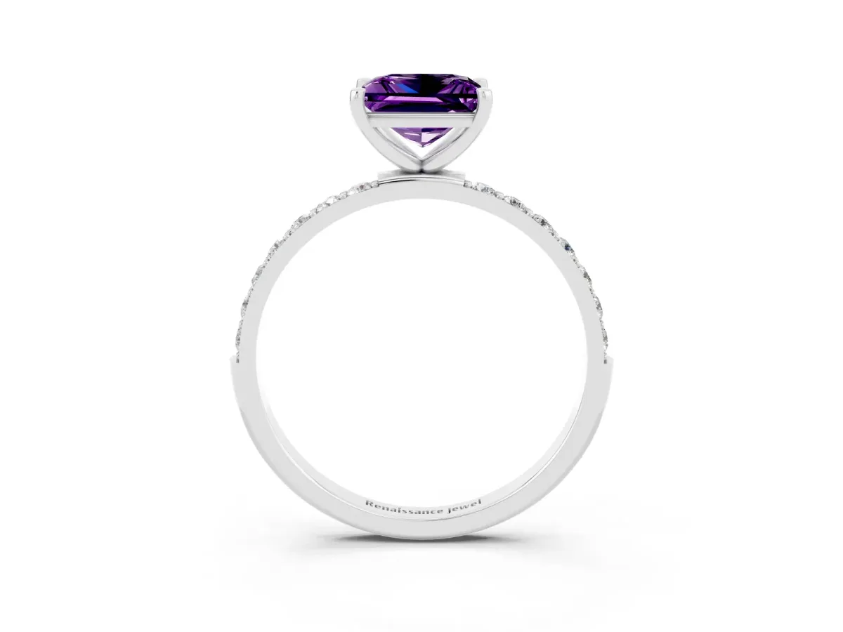 Princess Cut Amethyst Solitaire Ring with Round Pavé Band and Prong Setting Silver