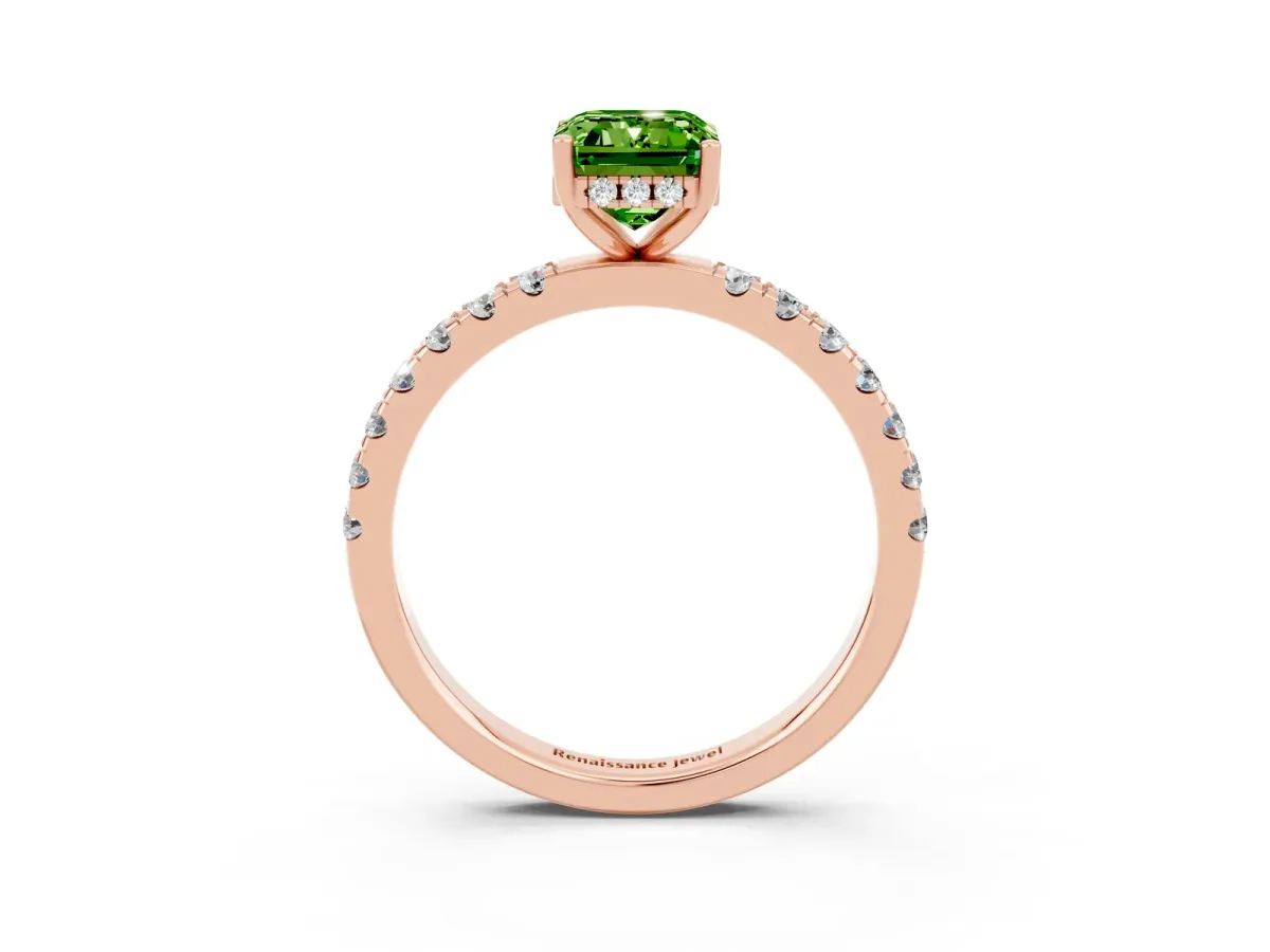 Emerald Cut Peridot Pave Band Solitaire Ring with Round and Prong Setting Rose gold