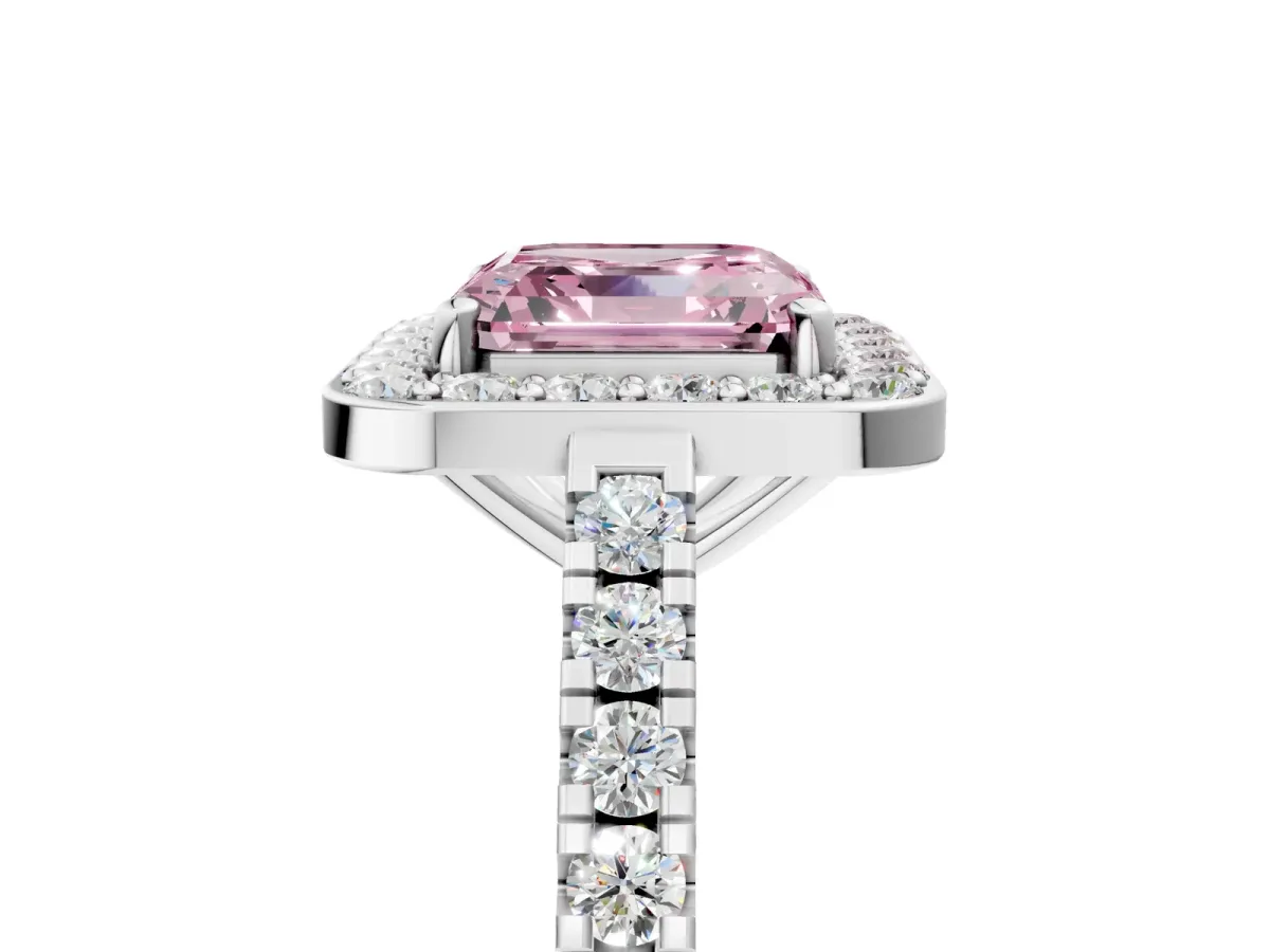 Fancy Pink Asscher Cut Diamond Halo Ring with Round Pavé Split Shank and Prong Setting Platinum