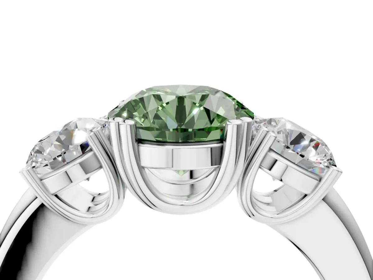 Fancy Green Three-Stone Round Cut Cut Diamond Ring with Channel Set Band and Four-Prong Setting Silver